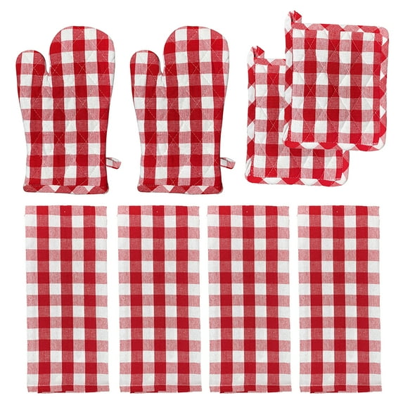Valentines Red Plaid Oven Mitts and Pot Holders Kitchen Towels 8 Piece Set Cotton