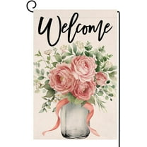 Valentines Roses Garden Flag 12x18 Vertical Double Sided Pink Flowers Mason Jar Welcome Spring Farmhouse Holiday Outside Decorations Burlap Yard Flag BW761
