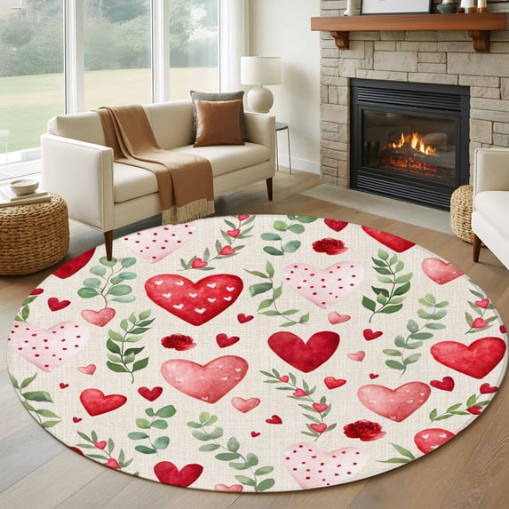 Valentines Round Area Rug 7Ft Washable Circle Rugs for Dorm Laundry Room, Pink Red Love Heart Green Botanical Spring Non-Slip Carpet Floor Mats Indoor Outdoor Carpet Runner Aesthetic Home Decor