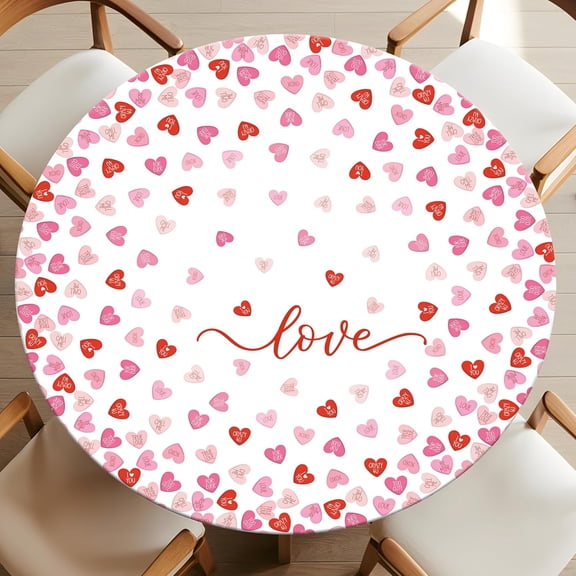 Valentines Round Fitted Tablecloth with Elastic Pink Ture Love Heart Round Table Cover Waterproof Valentines Day Table Decor for Anniversary Party Fits to 44"-48" (Pink Red, 48" (Round))