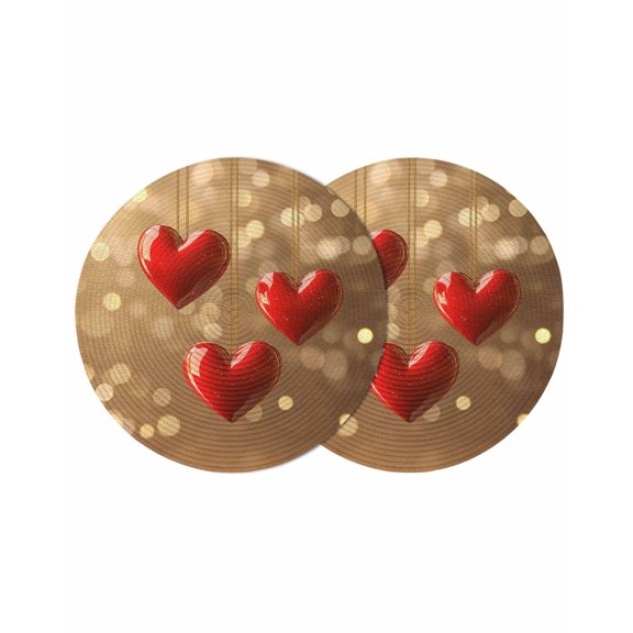 Valentines Round Placemats Set of 2 for Dinning Tables, Heat-proof Braided Table Mats 13 Inch, Red Love Heart Romantic Washable Place Mat for Kitchen Restaurant Party Decor Supplies Table Setting