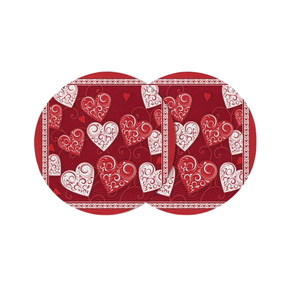 Valentines Round Placemats Set of 2 for Dinning Tables, Heat-proof Braided Table Mats 13 Inch, Red Love Heart Romantic Washable Place Mat for Kitchen Restaurant Party Decor Supplies Table Setting