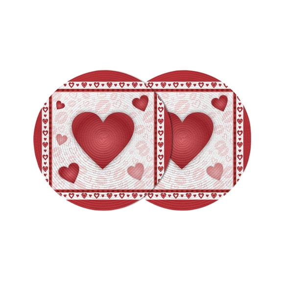 Valentines Round Placemats Set of 2 for Dinning Tables,Heat-proof Braided Table Mats 13 Inch,Romantic Red Lips Love Heart Washable Place Mat for Kitchen Restaurant Party Decor Supplies Table Setting