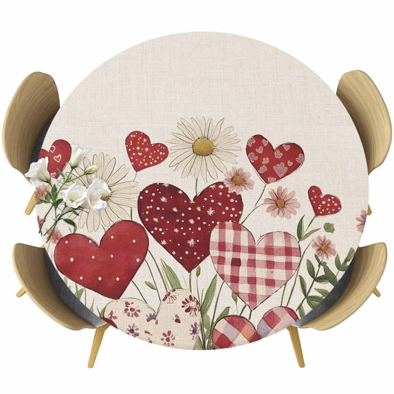 Valentines Round Tablecloth 55-60 Inch Round Fitted Table Cloth with Elastic Edge, Botanical Spring Daisy Love Heart Vintage Waterproof Table Cover Protector for Outdoor Picnic Party Dining