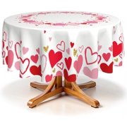 Valentines Round Tablecloth 60 Inch Valentines Day Red Pink White Love Heart Print Decorative Washable Polyester Table Cloth for Party Picnic Home Kitchen Decor