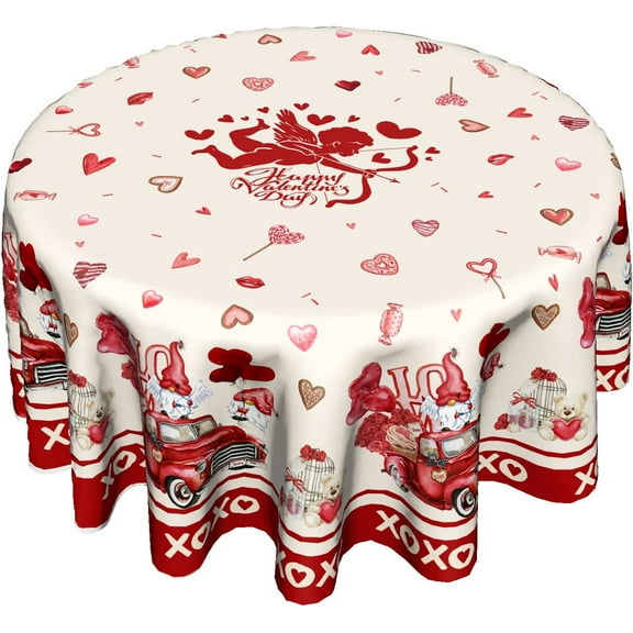 Valentines Round Tablecloth 60 Inches, Happy Valentine''s Day Red Truck Table Cloth,Valentine Gnomes Love Hearts Cupid Table Cover for Wedding Anniversary, Proposals, Kitchen, Dining, Party Decor