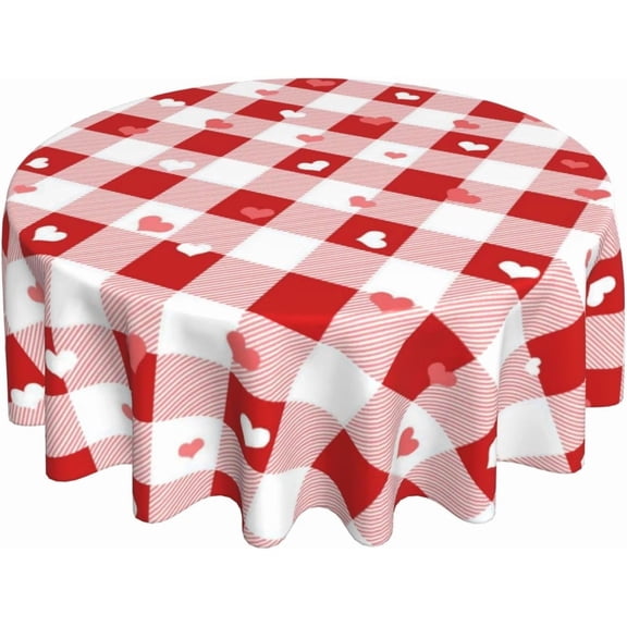 Valentines Round Tablecloth 70 Inch Red Pink Love Heart Buffalo Plaid Round Table Cloth Checkered Holiday Table Covers Polyester Indoor Outdoor Tablecloths for Kitchen Dining Picnic Party