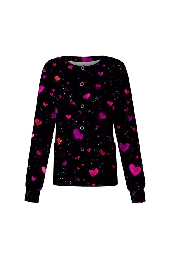 Valentines Scrub Jackets for Women Plus Size Hoilday Button Snap Front Cute Valentine Love Printed Scrub Tops Loose Long Sleeve Scrubs Nursing Uniform Medical Nurse Workwear with Pockets Black S