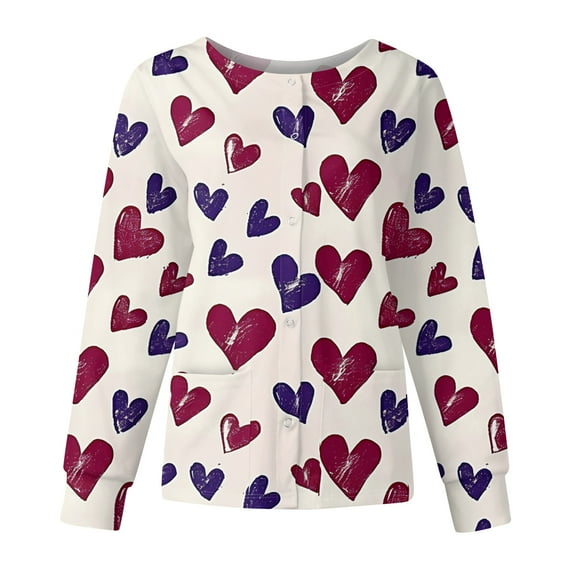 Valentines Scrub Jackets for Women Plus Size Hoilday Long Sleeve Cute Love Hearts Graphic Scrub Tops Loose Button Snap Front Scrubs Nursing Uniform Medical Nurse Workwear with Pockets White 3XL
