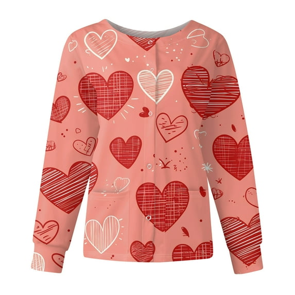 Valentines Scrub Jackets Women Plus Size Loose Button Snap Front Cute Love Hearts Graphic Scrub Tops Casual Long Sleeve Scrubs Medical Nurse Uniform Nursing Workwear with Pockets Watermelon Red 4XL