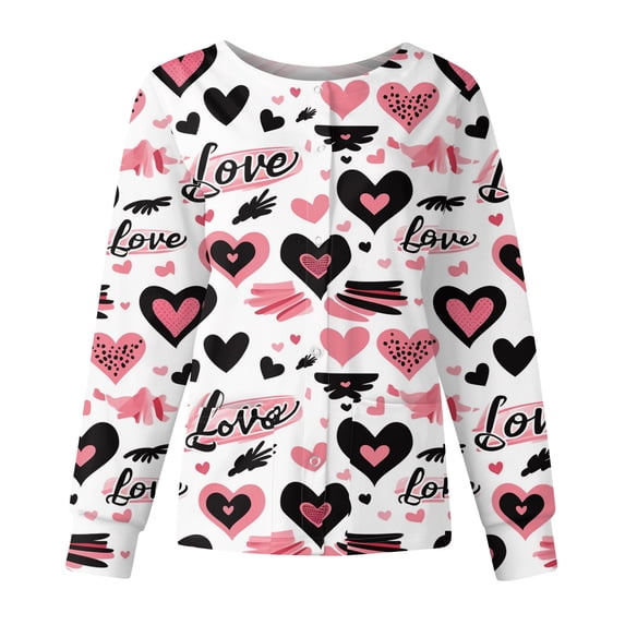 Valentines Scrub Jackets for Women Plus Size Loose Button Snap Front Cute Love Hearts Graphic Scrubs Casual Long Sleeve Scrub Tops Nursing Workwear Medical Nurse Uniform with Pockets Light pink 2XL