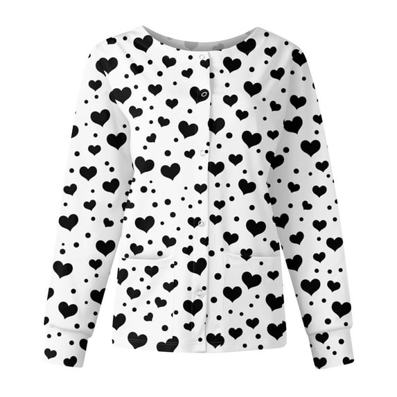 Valentines Scrub Jackets Women Plus Size Loose Long Sleeve Cute Valentine Love Printed Scrubs Hoilday Button Snap Front Scrub Tops Medical Nurse Uniform Nursing Workwear with Pockets White XL