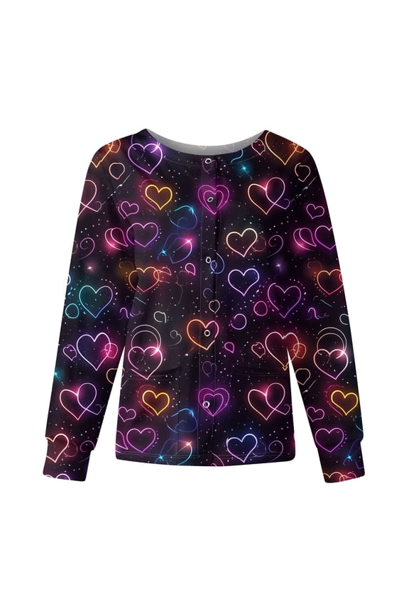 Valentines Scrub Jackets Women Plus Size Loose Snap Front Cute Valentine Love Printed Scrubs Hoilday Long Sleeve Scrub Tops Nursing Uniform Medical Nurse Workwear with Pockets Dark Purple 4XL