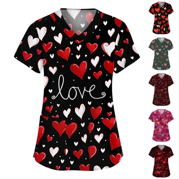 Valentines Scrub Tops Short Sleeve V Neck Heart Print Nurse Working Uniforms Holiday Scrubs for Women with Pockets Red M