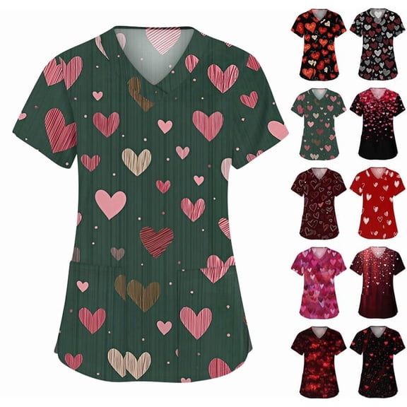 Valentines Scrub Tops Women Short Sleeve Vneck Love Heart Printed Nurse Working Uniforms Holiday Pocketed Tshirt Navy M