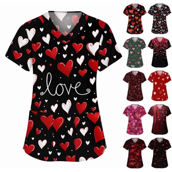 Valentines Scrub Tops Women Short Sleeve Vneck Love Heart Printed Nurse Working Uniforms Holiday Pocketed Tshirt Red S