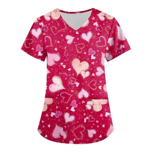 Valentines Scrubs Top for Women Casual V Neck Cute Valentine Love Printed Scrub Shirts Loose Short Sleeve Scrubs Medical Nurse Workwear Nursing Uniform with Pockets Multicolor L