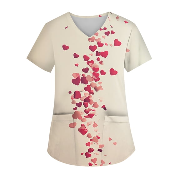 Valentines Scrubs Top for Women Casual V Neck Cute Valentine Love Printed Scrubs Loose Short Sleeve Scrub Shirts Nursing Uniform Medical Nurse Workwear with Pockets Wine 2XL