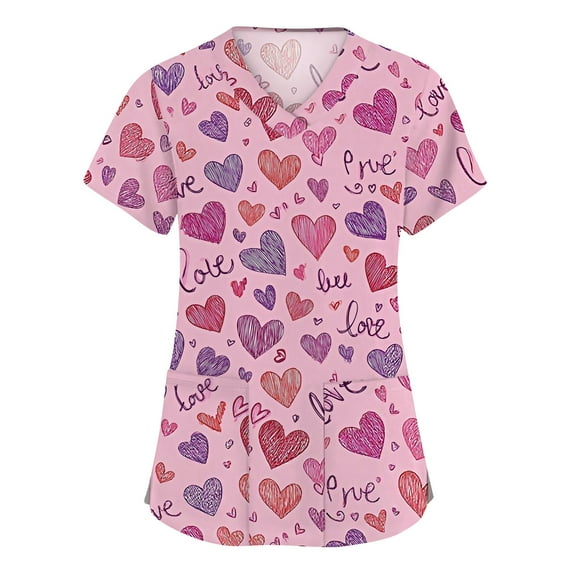 Valentines Scrubs Top for Women Hoilday Short Sleeve Cute Valentine Love Printed Scrub Shirts Casual V Neck Scrubs Nursing Uniform Medical Nurse Workwear with Pockets Purple 2XL