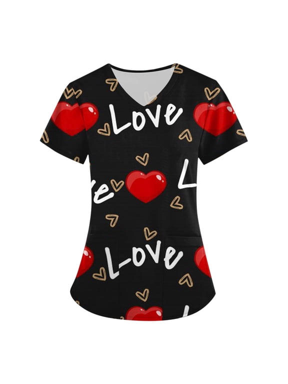 Valentines Scrubs Top for Women Hoilday V Neck Cute Love Heart Printed Scrubs Casual Short Sleeve Scrub Shirts Nursing Uniform Medical Nurse Workwear with Pockets Black 2XL