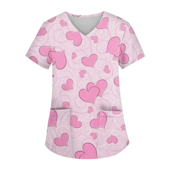 Valentines Scrubs Top for Women Hoilday V Neck Cute Love Hearts Graphic Scrubs Loose Short Sleeve Scrub Shirts Medical Nurse Uniform Nursing Workwear with Pockets Watermelon Red XL