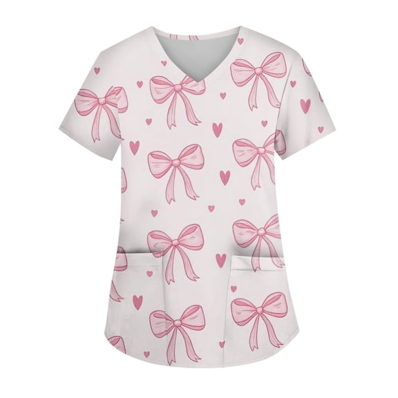 Valentines Scrubs Top for Women Loose V Neck Cute Love Hearts Graphic Scrub Shirts Casual Short Sleeve Scrubs Medical Nurse Uniform Nursing Workwear with Pockets Hot Pink XL