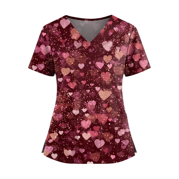 Valentines Scrubs Top for Women Plus Size Casual Short Sleeve Cute Love Hearts Graphic Scrubs Loose V Neck Scrub Shirts Nursing Uniform Medical Nurse Workwear with Pockets Red XL