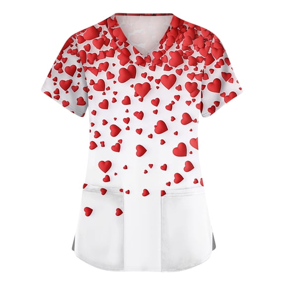 Valentines Scrubs Top for Women Plus Size Casual V Neck Cute Valentine Love Printed Scrub Shirts Loose Short Sleeve Scrubs Nursing Workwear Medical Nurse Uniform with Pockets Red 4XL