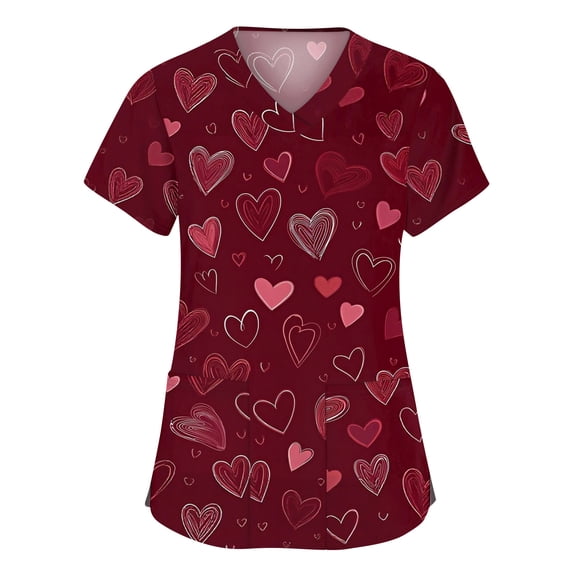 Valentines Scrubs Tops Women Casual Short Sleeve Cute Love Heart Printed Scrubs Hoilday V Neck Scrub Shirts Medical Nurse Workwear Nursing Uniform with Pockets Wine XL
