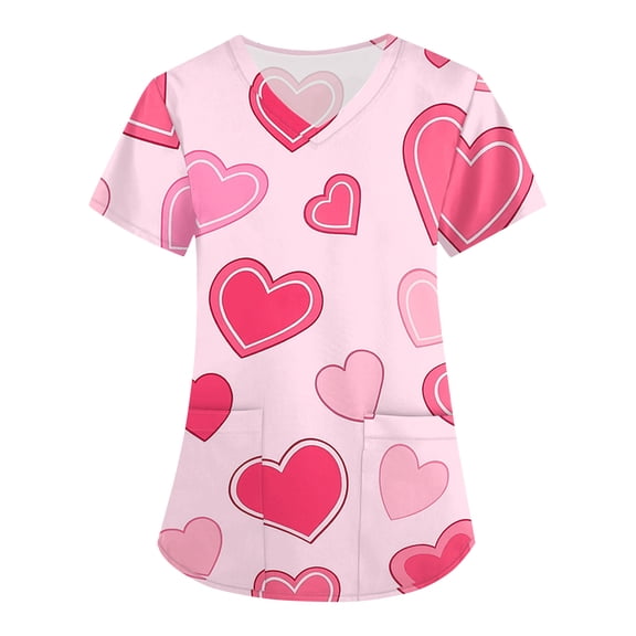 Valentines Scrubs Tops Women Casual V Neck Cute Love Heart Printed Scrub Shirts Loose Short Sleeve Scrubs Nursing Uniform Medical Nurse Workwear with Pockets Deep Red S