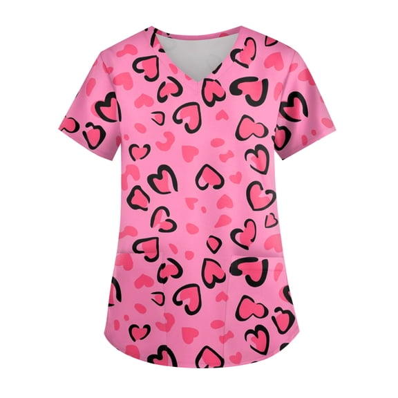 Valentines Scrubs Tops Women Hoilday Short Sleeve Cute Love Hearts Graphic Scrub Shirts Casual V Neck Scrubs Medical Nurse Workwear Nursing Uniform with Pockets Hot Pink XL