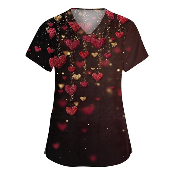 Valentines Scrubs Tops Women Hoilday Short Sleeve Cute Love Hearts Graphic Scrubs Casual V Neck Scrub Shirts Medical Nurse Uniform Nursing Workwear with Pockets Deep Red XL