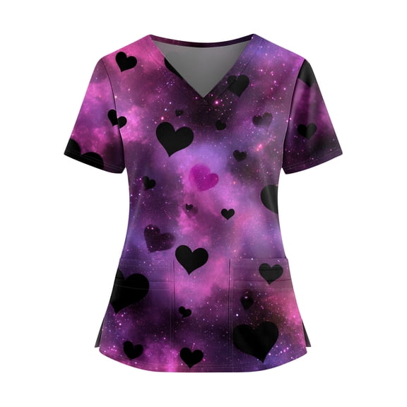 Valentines Scrubs Tops Women Hoilday Short Sleeve Cute Love Hearts Graphic Scrubs Loose V Neck Scrub Shirts Medical Nurse Uniform Nursing Workwear with Pockets Dark Purple XL
