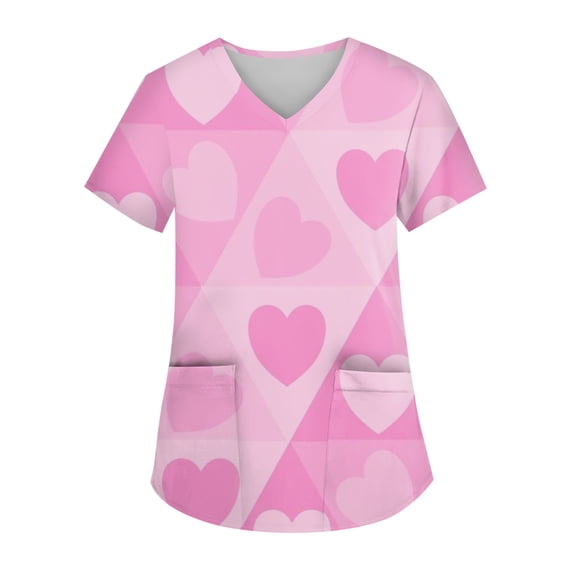 Valentines Scrubs Tops Women Loose Short Sleeve Cute Love Heart Printed Scrub Shirts Casual V Neck Scrubs Medical Nurse Workwear Nursing Uniform with Pockets Light pink 5XL