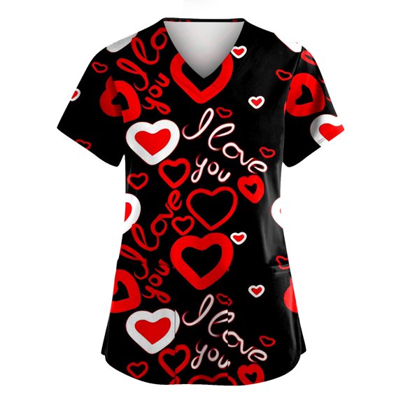 Valentines Scrubs Tops Women Loose Short Sleeve Cute Love Heart Printed Scrubs Hoilday V Neck Scrub Shirts Nursing Workwear Medical Nurse Uniform with Pockets Deep Red L