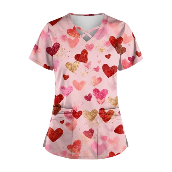 Valentines Scrubs Tops Women Loose Short Sleeve Cute Love Hearts Graphic Scrub Shirts Casual Criss Cross V Neck Scrubs Medical Nurse Uniform Nursing Workwear with Pockets Pink M