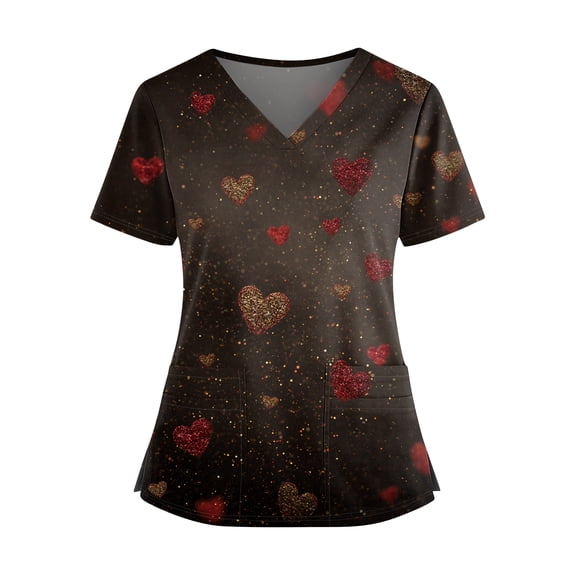 Valentines Scrubs Tops Women Loose V Neck Cute Valentine Love Printed Scrub Shirts Casual Short Sleeve Scrubs Nursing Uniform Medical Nurse Workwear with Pockets Coffee XL