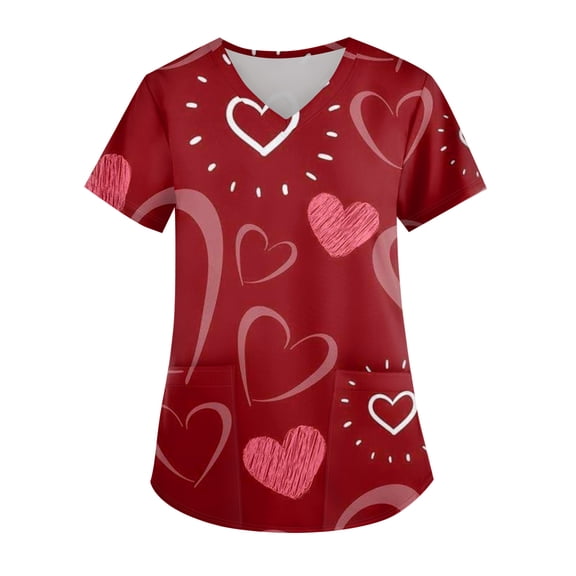 Valentines Scrubs Tops Women Loose V Neck Cute Valentine Love Printed Scrubs Hoilday Short Sleeve Scrub Shirts Medical Nurse Uniform Nursing Workwear with Pockets Red XL