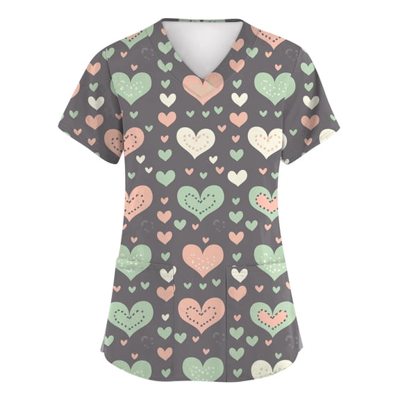 Valentines Scrubs Tops Women Plus Size Casual V Neck Cute Love Hearts Graphic Scrubs Loose Short Sleeve Scrub Shirts Medical Nurse Uniform Nursing Workwear with Pockets Gray S