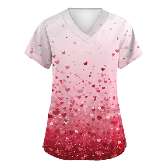 Valentines Scrubs Tops Women Plus Size Hoilday V Neck Cute Love Heart Printed Scrub Shirts Loose Short Sleeve Scrubs Medical Nurse Uniform Nursing Workwear with Pockets Hot Pink 3XL