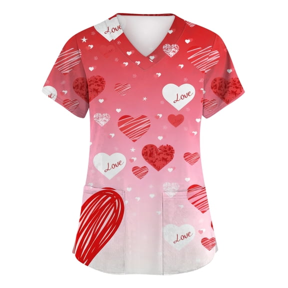Valentines Scrubs Tops Women Plus Size Hoilday V Neck Cute Love Hearts Graphic Scrub Shirts Casual Short Sleeve Scrubs Medical Nurse Workwear Nursing Uniform with Pockets Watermelon Red M