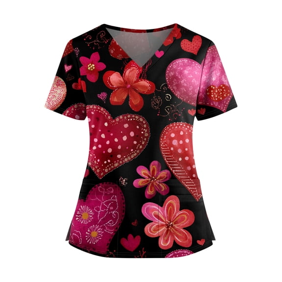 Valentines Scrubs Tops Women Plus Size Loose Short Sleeve Cute Valentine Love Printed Scrubs Casual V Neck Scrub Shirts Nursing Workwear Medical Nurse Uniform with Pockets Vermilion XL
