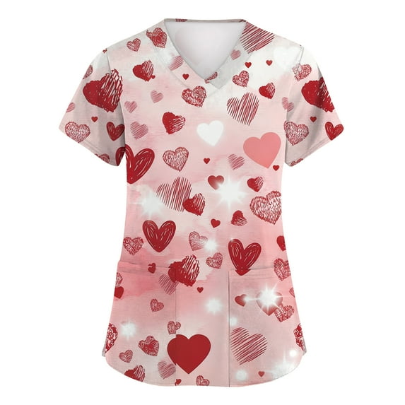 Valentines Scrubs Tops Women Plus Size Loose V Neck Cute Love Hearts Graphic Scrub Shirts Casual Short Sleeve Scrubs Medical Nurse Workwear Nursing Uniform with Pockets Watermelon Red S