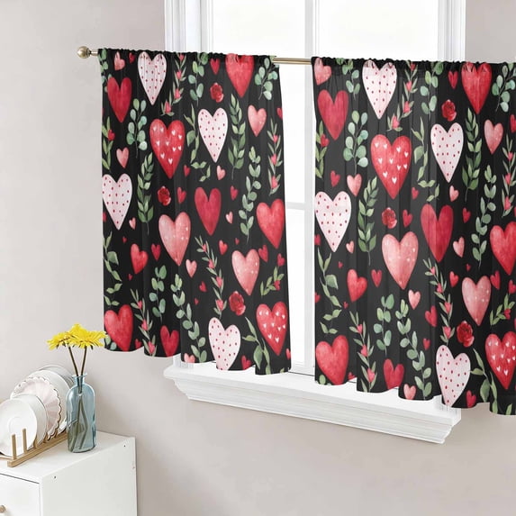 Valentines Sheer Curtains 54 Inch Length 2 Panels Set Window Treatments, Pink Red Love Heart Green Botanical Black Rod Pocket Semi Curtains for Living Room/Bedroom/Kitchen Décor, 104"W x 54"L