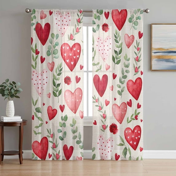 Valentines Sheer Curtains 72 Inch Length 2 Panels Set Window Treatments, Pink Red Love Heart Green Botanical Spring Rod Pocket Semi Curtains for Living Room/Bedroom/Kitchen Décor, 104"W x 72"L