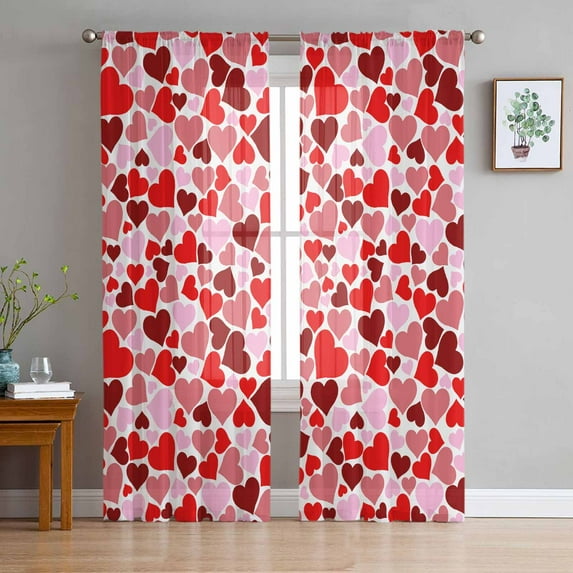 Valentines Sheer Curtains 84 Inches Long 2 Panels Set, Window Sheer Curtains for Living Room/Bedroom, Red Pink Love Heart Light Filtering Rod Pocket Curtain 52'' x 84'' x 2