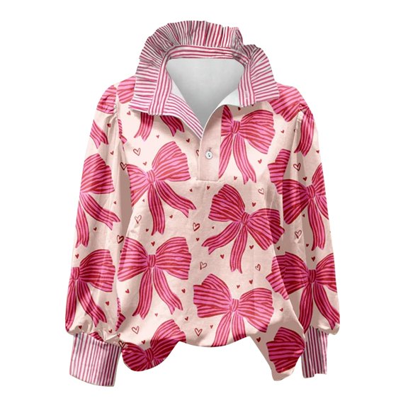 Valentines Shirt for Women Half Button Stripe Ruffled Stand Collar Long Sleeve Shirts Button Down Shirts Spring Fall Clothes Love Heart Print Shirt Ruffled Collar Tops Business Work Top S-3XL
