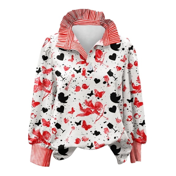 Valentines Shirt for Women V Neck Graphic Pullover Top Half Button Stripe Ruffled Stand Collar Pink Love Heart Print Casual Blouses Long Sleeve Shirts Cozy Pullover Women Trendy Cute White S-3XL