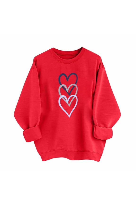 Valentines Shirt for Women Casual Heart Print Graphic Long Sleeve Oversized Blouse Tops Plus Size Crewneck Sweatshirt
