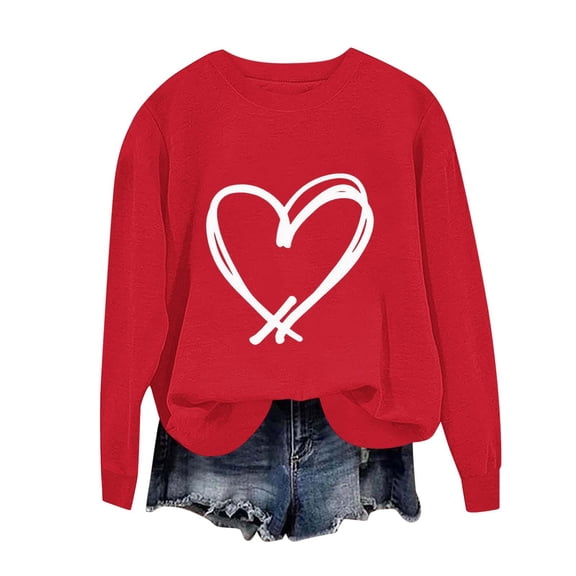 Valentines Shirt for Women Cute Heart Print Graphic Crew Neck Pullover Long Sleeve Oversized Blouse Tops Valentines Day Sweaters Blouses